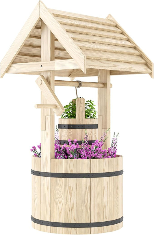 Outsunny Wooden Wishing Well Planter with Adjustable Hanging Bucket, Rustic Wishing Well for Outside, Decorative Flower Planter with Drainage Hole for Garden Patio, Natural Wood