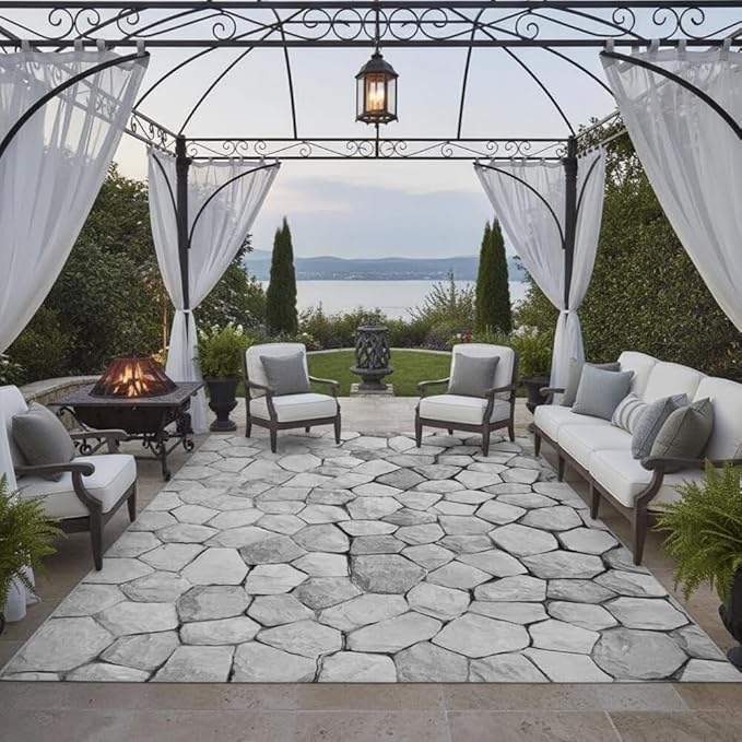 Modern Abstract Art Decor Stone Texture White Grey Waterproof Outdoor Area Rugs for Garden Balcony Backyard RV Camping Pool Patios Deck Carpets Quick Dry Easy Clean Thin Low Pile Floor Mats 8x10