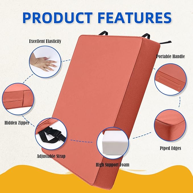 Patio Chair Cushion 20x20 Inch Waterproof Outdoor Seat Cushions for Patio Furniture 5-Year Color Fastness Garden Sofa Couch Chair Pads with Handle and Adjustable Straps, 2 Pack, Spice