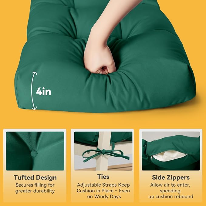 ROFIELTY Outdoor Bench Cushion, Waterproof/Sun-Proof Fabric, Tufted Bench Cushion with 2 Ties, Suitable for Outdoor Garden Bench/Swing/Indoor Furniture (Green, 42×16×4)