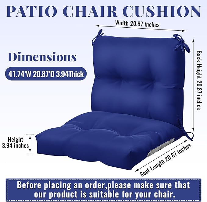 Geetery Set of 4 High Back Wicker Patio Chair Cushions for Outdoor Furniture 41.74x20.87x3.94 Inch Waterproof Thick Replacement Seat Pads with Non Slip Ties for Porch, Deck, Lawn & Garden(Navy Blue)