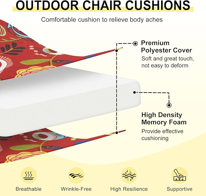 downluxe Outdoor Chair Cushions Set of 4 for Patio Furniture, Water-Resistant Patio Chair Cushions with Ties, High Density Foam Outdoor Seat Cushion, 17" X 16" X 2", Sonia Scarlet