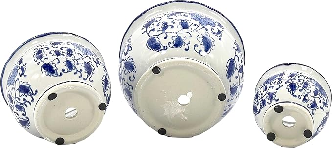 Galt International Blue & White Floral Porcelain Ceramic Decorative Flower Pot 8"/6"/4.5" Garden Pots Chinese Asian Design - Set of 3 Round Pots