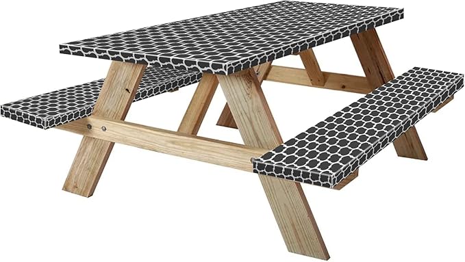 KENOBEE 7ft Picnic Table and Bench Cover, Camping Essentials RV Gear, 84 in Waterproof Windproof Outdoor Elastic All Around Tablecloth, Fitted Rectangle Tables and Seats, Black-White Moroccan