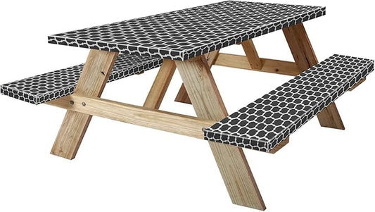 KENOBEE 7ft Picnic Table and Bench Cover, Camping Essentials RV Gear, 84 in Waterproof Windproof Outdoor Elastic All Around Tablecloth, Fitted Rectangle Tables and Seats, Black-White Moroccan