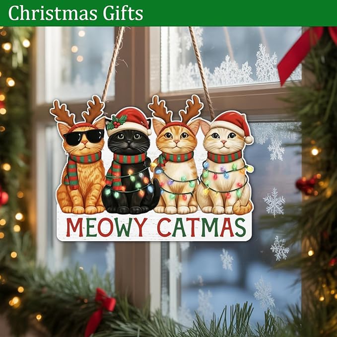 Christmas Cat Gifts Door Hanger for Cat Lover, Meowy Catmas Door Decoration Sign
