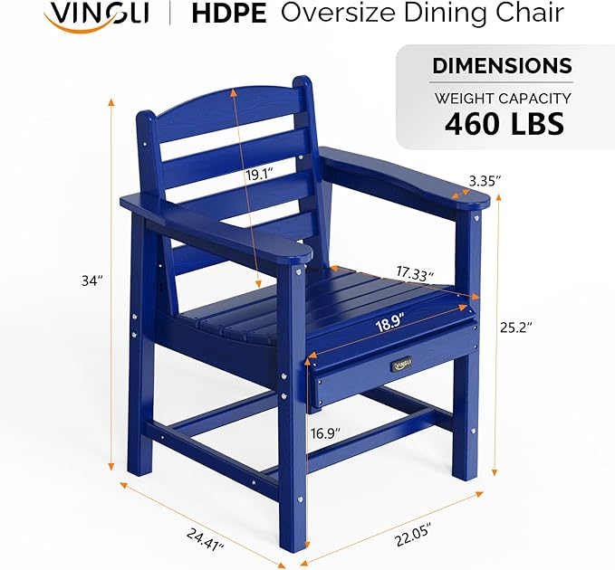 VINGLI Outdoor Patio Dining Chairs, HDPE Plastic Outdoor Patio Chairs All-Weather Durable Garden Seating for Outside, Poolside, Deck, Porch (Navy Blue, 1 PCS)