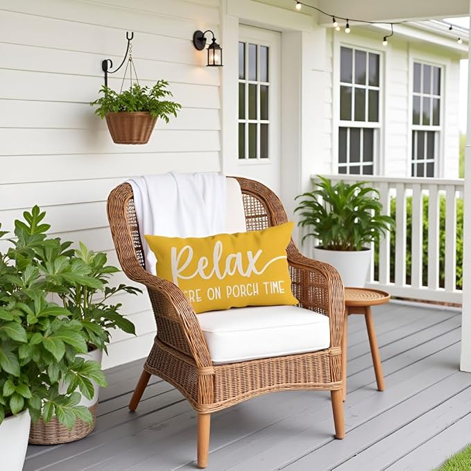 PANDICORN Farmhouse Throw Pillow Covers 12x20 Inch Relax Porch Time Yellow Outdoor Spring Summer Decorations Lumbar Decorative Cushion Case for Front Porch Patio Couch Sofa Decor