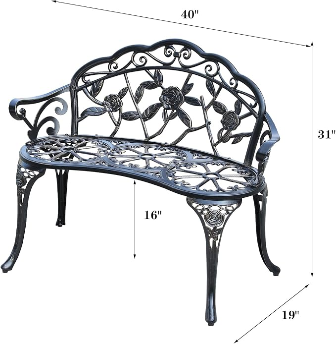Cast Aluminium Outdoor Bench, Rose Garden Bench for Patio,Park,Lawn,Yard (Bronze)