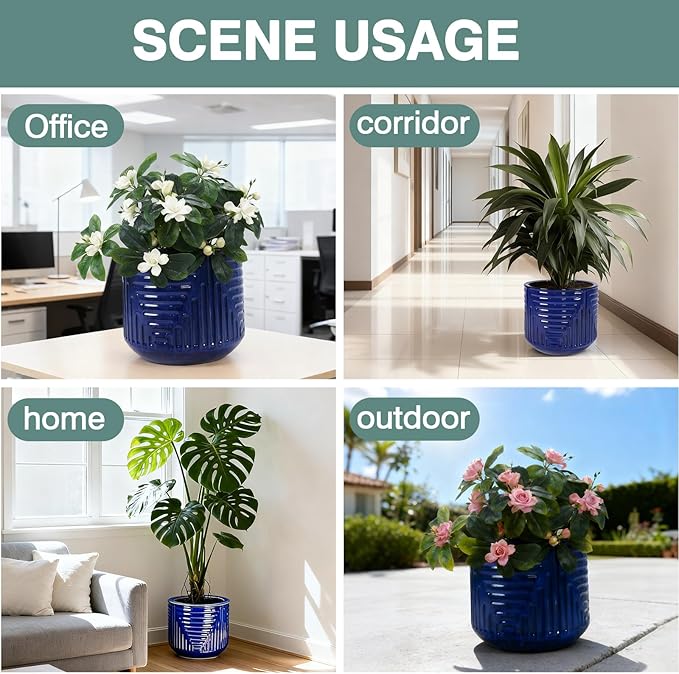 16 Inch Large Ceramic Planters for Indoor Plants, Outdoor Garden Plant Pots with Drainage Hole, 16" Round Decorative Pot for Patio, Floor, Home Decor - Dark Blue