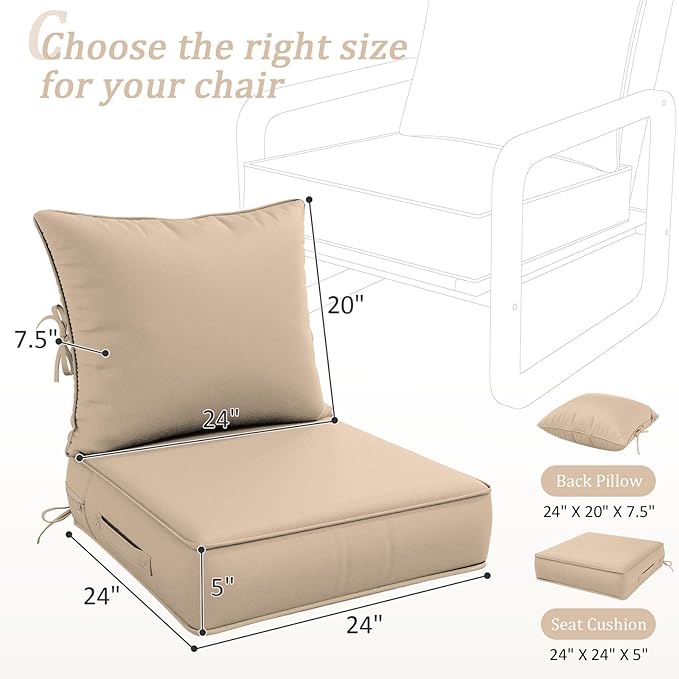 Outdoor Patio Chair Cushions Set 24 L X 24 W X 5 H Waterproof & Fade Resistant Deep Seat and Back Cushions with Removable Covers Outdoor Seat Cushion Set for Chairs and Sofas