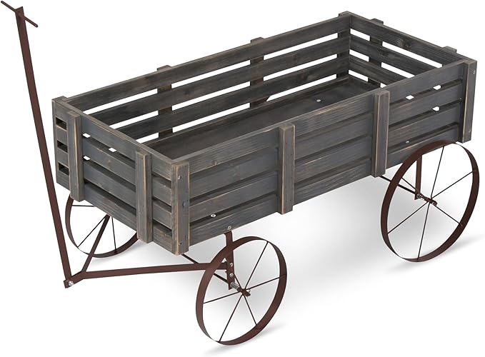 Shine Company Decorative Buckboard Wagon Garden Planter, Wooden Wagon Yard Décor for Outdoor Plants, Gray