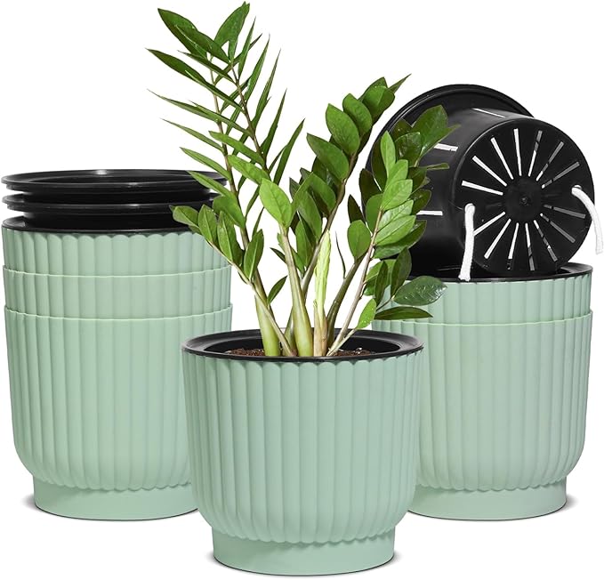 T4U 6 Inch Self Watering Pots for Indoor Plants, 6 Pack Plant Pots, Self Watering Planter for Indoor Plants, Durable Plastic Pots, Flower, Succulents (6 Pack, 6", Green)