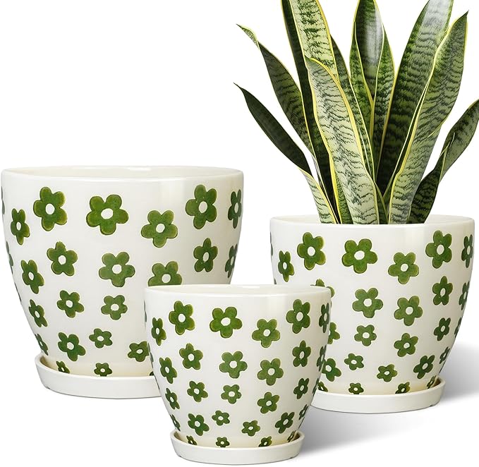 Indoor Plant Pots - 10+8+6 Inch Ceramic Planters for Indoor Plants, Boho Round Ceramic Flower Pots with Drainage Holes and Saucers, Housewarming Gifts, Home Decor, Set of 3, White