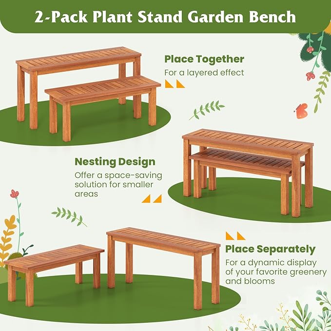 HOMGX Wooden Plant Stand Set of 2, Multifunctional Outdoor Backless Garden Bench with Slatted Seat, Easy Assembly, Rustic Flower Display Shelf for Yard, Entryway, Max Load 330 lbs, Natural