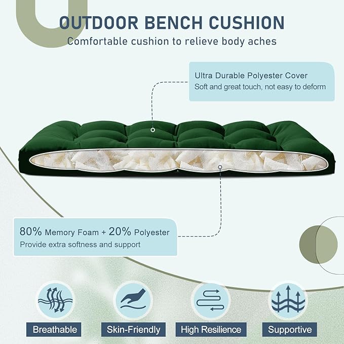downluxe Outdoor Bench Cushion for Patio Furniture, Waterproof Tufted Overstuffed Porch Swing Cushions, Thick Outdoor Loveseat Cushions, 48" X 18" X 5", Forest Green, Set of 1