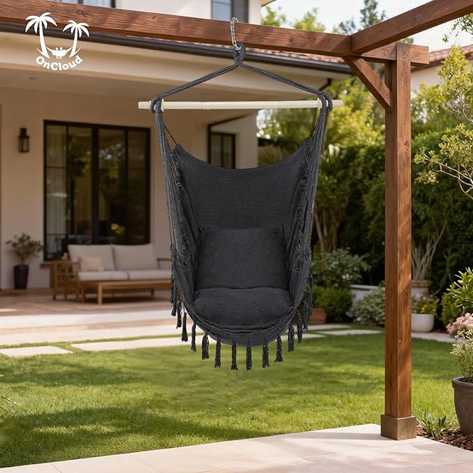 ONCLOUD Hammock Chair Hanging Rope Swing, Load Capacity Up to 550 LBS Macrame Hammock Swing Seat with Two Cushions, Hammock Seats with Portable Steel Spreader Bar for Indoor/Outdoor, Dark Grey