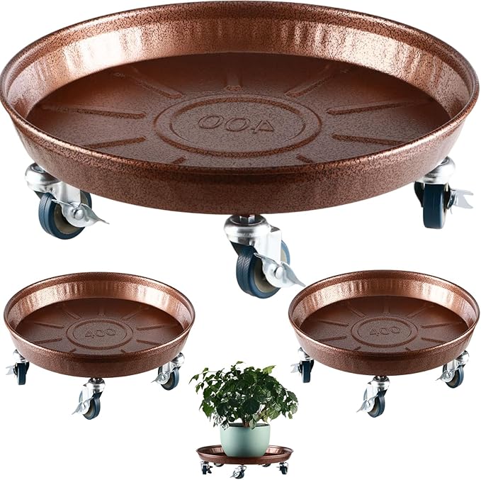 Planterhoma 3 Packs 16" Metal Plant Caddy with Wheels Extra-Large Rolling Plant Stand Heavy-Duty Plant Dolly with Casters Indoor Outdoor Wheeled Flower Pot Mover Rollers Garden Cart Trolley, Copper