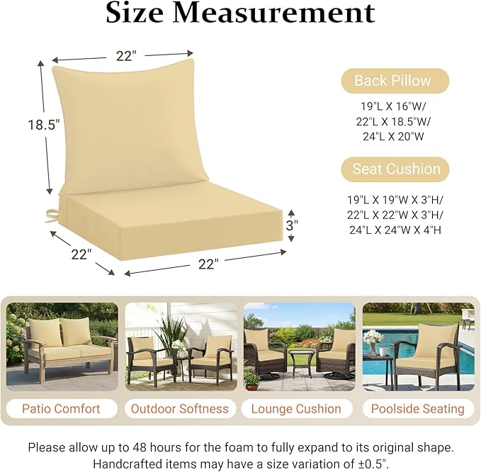 downluxe 22x22 Outdoor Chair Cushions, Waterproof Fade Resistant Patio Furniture Cushions with Handle & Removable Cover, Deep Seat Outdoor Cushions for Sofa, Couch and Patio Chairs, Khaki