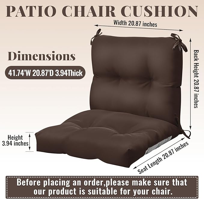 Geetery Set of 4 High Back Wicker Patio Chair Cushions for Outdoor Furniture 41.74x20.87x3.94 Inch Waterproof Thick Replacement Seat Pads with Non Slip Ties for Porch, Deck, Lawn & Garden(Dark Brown)