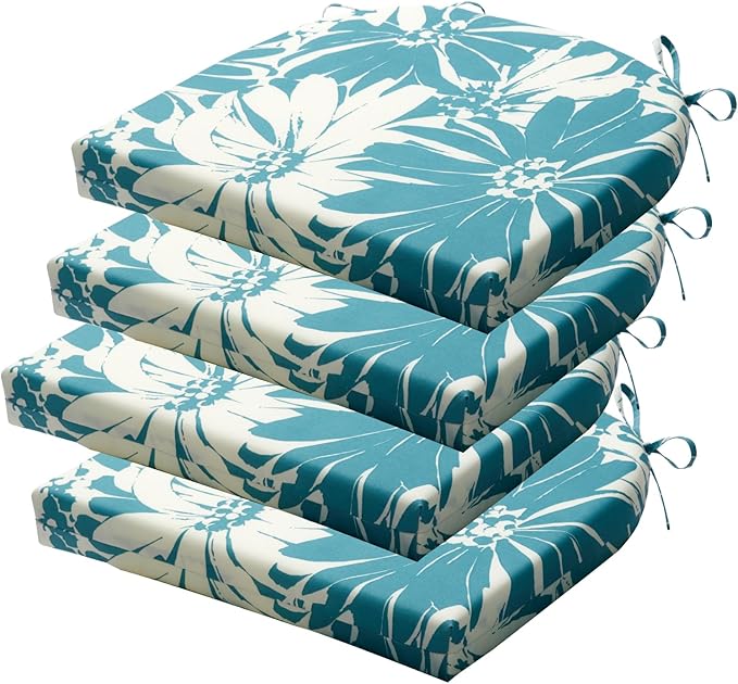 Outdoor Chair Cushions Set of 4, 17x16x2 Inch, Daisy Pattern, Water Resistant, Non-Slip, Firm, Classic Style, Outdoor Lounging