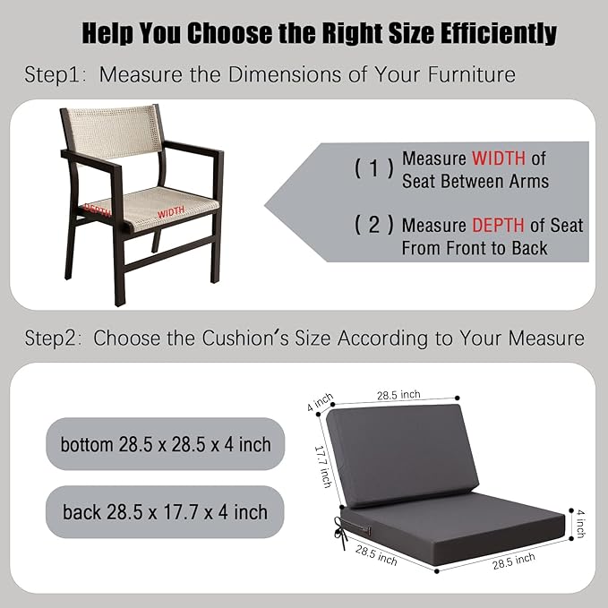 idee-home Outdoor Cushions for Patio Furniture, Outdoor Seat Cushion, Waterproof Couch Hampton Bay Deep Seat Replacement Chair Cushions for Garden Lawn Deck Backyard, 28.5 x 28.5 Dark Grey