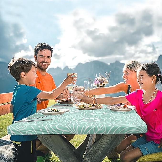 Picnic Table Cover with Bench Covers Elastic Edges, Boho Camper Fitted Table Cover, Outdoor Patio Camping Essentials 72 Inch 3PCS, Waterproof Camping Fitted Tablecloth with Drawstring Bag