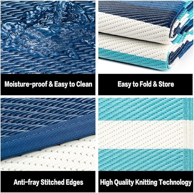 HUGEAR Outdoor Waterproof Rug 9'x12' Plastic Straw Rugs Washable Reversible Floor Mat Blue Stripe Carpet for Camping RV Deck Entryance Porch Picnic Balcony Beach Backyard