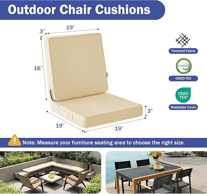 Outdoor Cushions, Outdoor Chair Cushions 19x19x3 Inch, Cushions for Outdoor Furniture with Removable Cover, Waterproof & Fade Resistant Outdoor Seat Cushions for Patio, Lawn, Beige