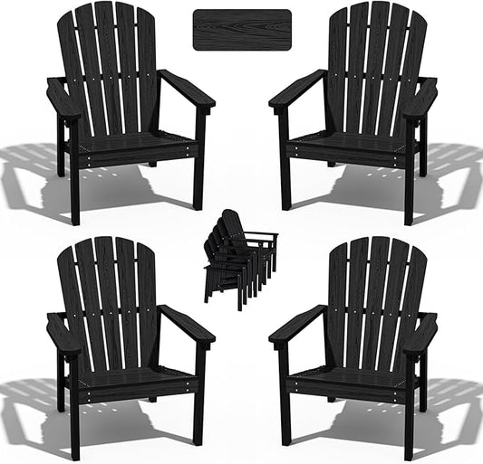 nevilywood Compact Stackable Adirondack Chairs Set of 4, 26.3" Wide HDPE Outdoor Patio Chairs - Durable, Space-Saving Design for Porch, Lawn or Garden, Black