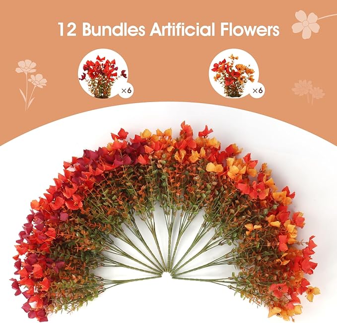 Artificial Fall Mums Flowers Plants for Outdoor Decoration, 12 Bundles Faux Fake Silk Orange UV Resistant Look Real for Autumn Front Door Porch Planter Patio Garden Home Decor (12Pcs Orange Hydrangea)