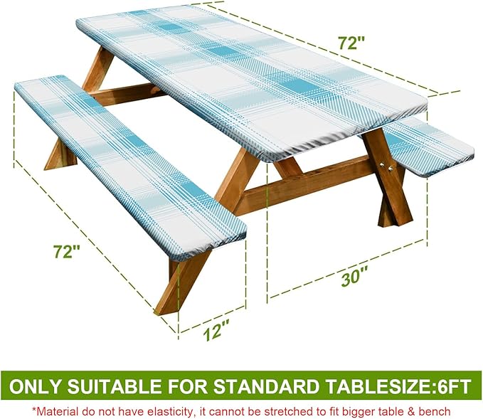 Picnic Table Cover with Bench Covers Set of 3 - Fresh Spring Check Light Blue Gingham Tablecloth, Elastic Fitted for 6 Ft Tables, Washable Polyester Cover for Patio, Indoor & Outdoor