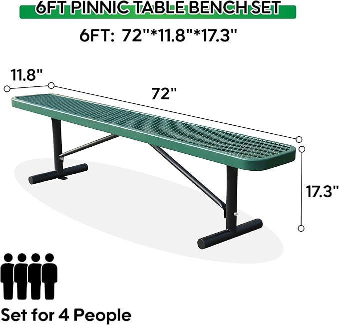 6 Feet Heavy Duty Metal Park Bench for Outside, Outdoor Bench with Portable Frame, Commercial Benches for Shopping Mall, Store, Park, Patio, Deck, Green