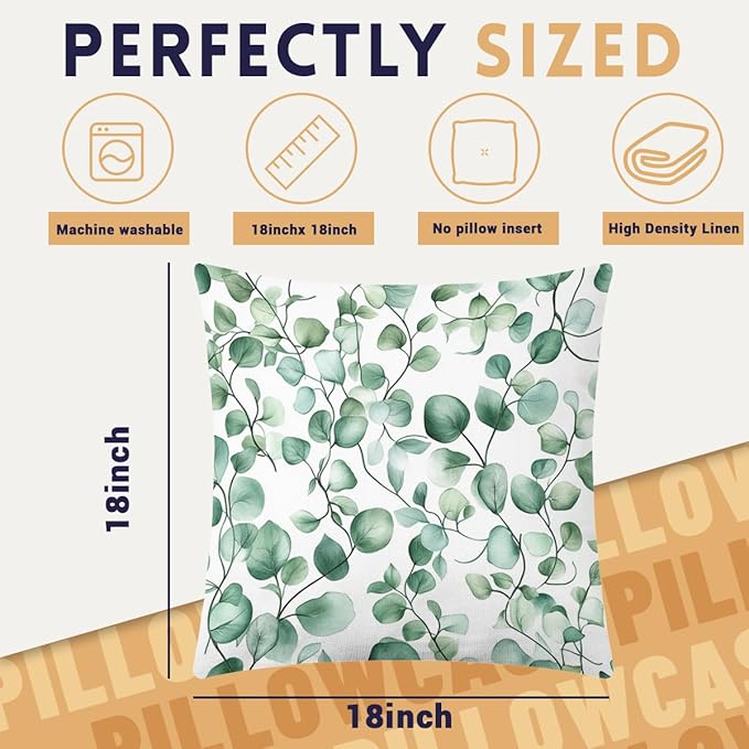 Watercolor Pillow Covers 18x18 inch Set of 4, Green Eucalyptus Leaf Botanical Wall Cushion Case Outdoor Sofa Throw Pillows Cover Garden Pillow Covers for Couch Living Room Bed Indoors Home Decor