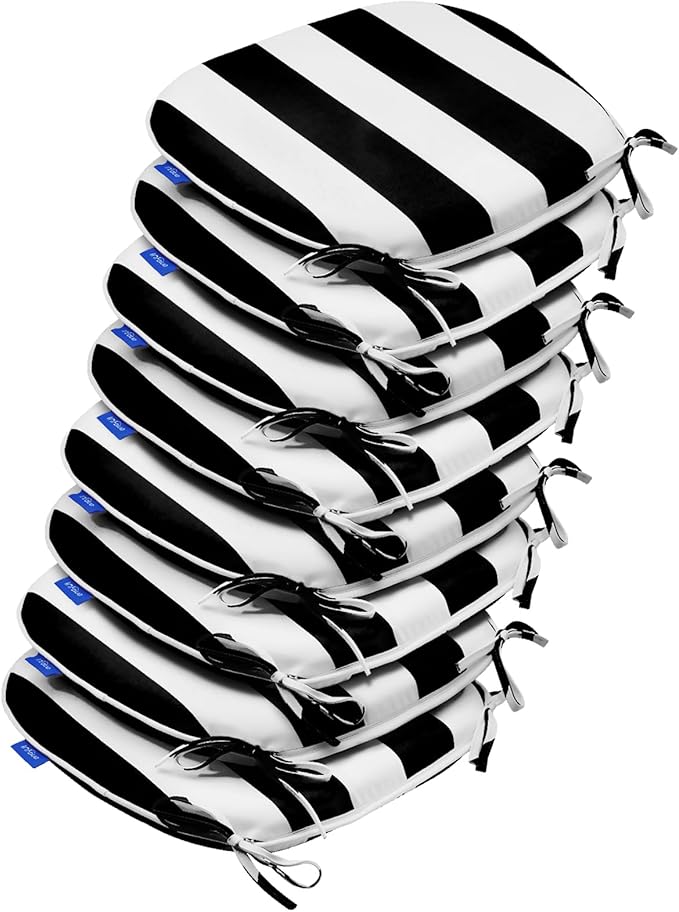 SleepMan Outdoor 17"x16" Chair Cushions with Ties Set of 8, Water Resistant All Weather U-Shape Seat Pads for Patio Garden Furniture Indoor Fade Resistant Patio Cushions (Black Stripe)
