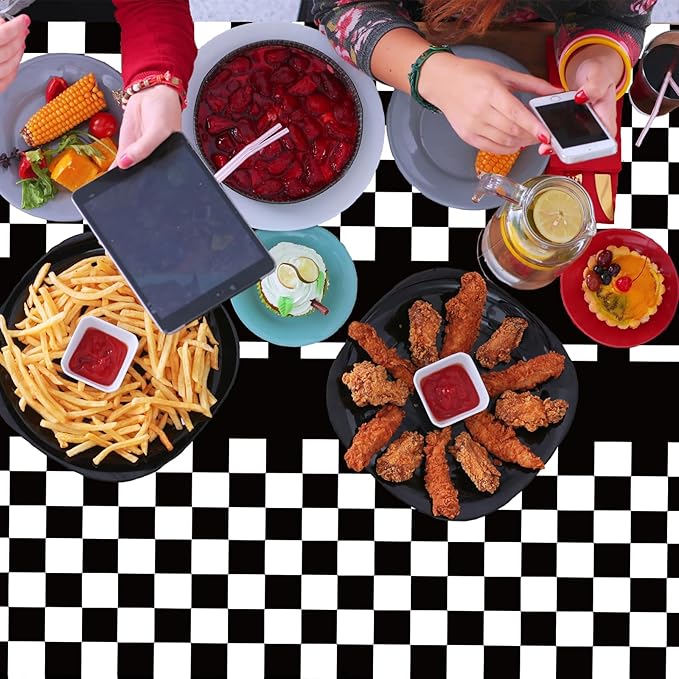 3 Pieces Race Car Checkered Tablecloth - 54x108 Disposable Black and White Motor Racing Themed Plastic Table Cover for Birthday Decorations for Kids and Adults, Race Car Birthday Party Supplies
