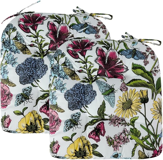 FUNHOME Outdoor Chair Cushions 19 x19 Inch,Water Resistant Tufted Seat Cushions 19",Reversible,Weather Resistant,Rounded Back Wicker Chair Cushion for Patio Garden Furniture(Butterfly Flower)