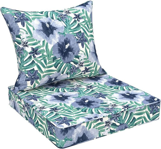 Outdoor Deep Seat Cushion Set, Water Repellent 24"x24" Patio Thick Cushions Replacement with Seat & Back Pillow for Patio Sofa, Wicker Chair, Couch - Blue Salmone Tropical