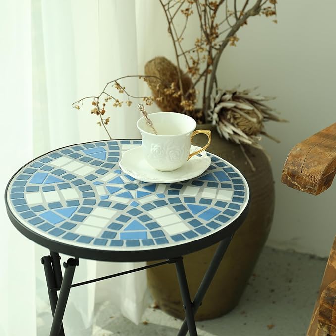 VCUTEKA Mosaic Outdoor Side Table, Patio Side Tables with 14" Ceramic Tile Top for Outside, Indoor Accent Table for Yard, Garden, Living Room, Bistro Balcony or Lawn
