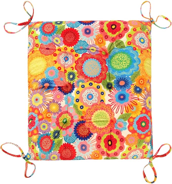 Outdoor Patio Cushion, Rocking Chair Cushion, Tufted Pads, Set of Upper and Lower with Ties Pack of 2 (2 Sets) - Back 20"×17", Seat 17"×17" (Multicolored Flowers)