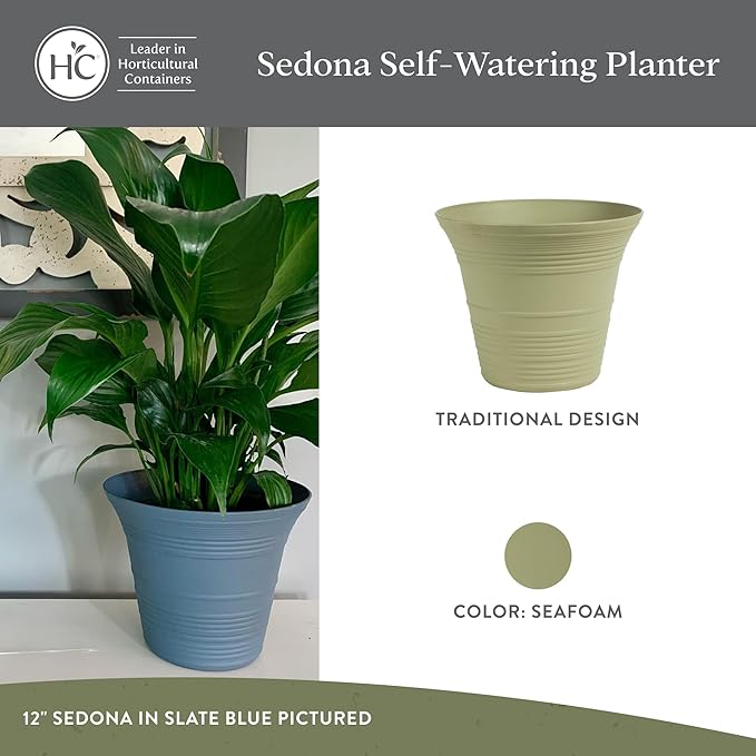The HC Companies 16 Inch Sedona Round Self Watering Planter Pots, Lightweight UV-Resistant Plastic Indoor & Outdoor Planters, 2-Pack Flower Pots for Garden & Home Decor, Seafoam