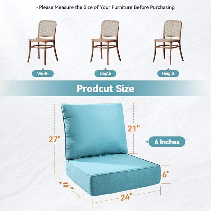 Luxury 6" Outdoor Cushions for Patio Furniture, 24x24x6" Thick Seat Cushion Set of 3, Fade Resistant Couch Chair Replacement Cushions High Density Deep Wicker Chair Cushion w/ Removable Cover, Teal