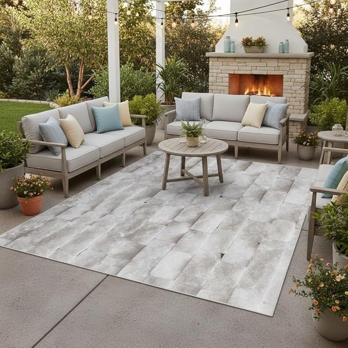 Natural White Rock Stone Outdoor Rug for Patio Deck Pool Balcony Garden Backyard Machine Washable Stone Print Outside Carpet 3x5 Foldable Easy Clean Waterproof Camping Rv Picnic Floor Carpets Mat