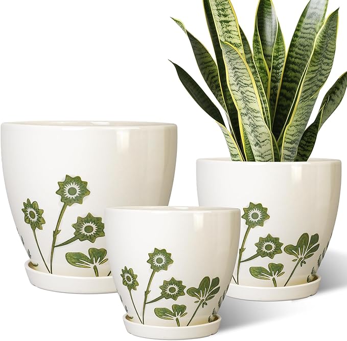 Ceramic Planters - 10+8+6 Inch Plant Pots with Drainage Holes and Saucers, Boho Decorative Round Flower Pots for Indoor Outdoor Plants, Housewarming Gifts, Office Decor, Set of 3, White