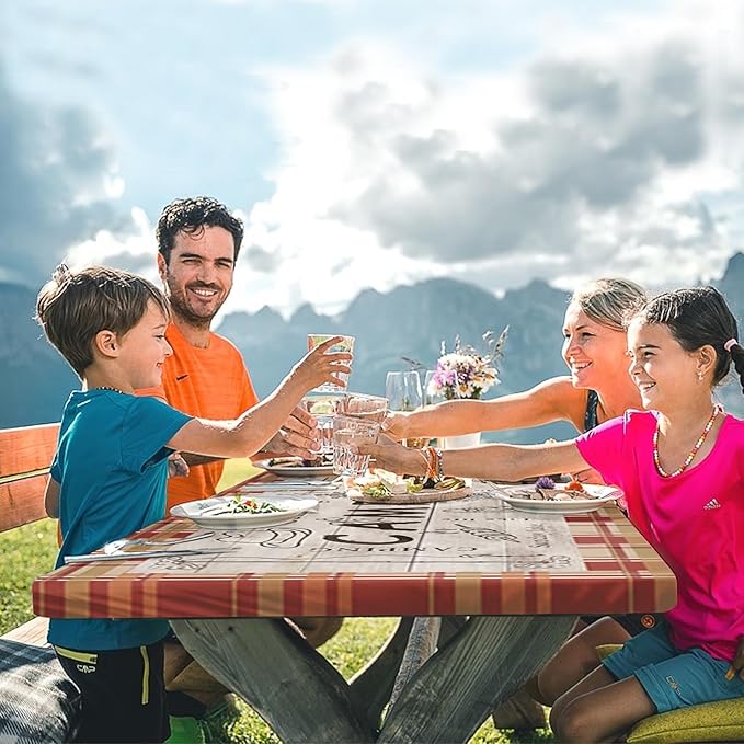 Picnic Table Cover with Bench Covers Elastic Edges, Red Camper Fitted Table Cover, Outdoor Patio Camping Essentials 72 Inch 3PCS, Waterproof Camping Fitted Tablecloth with Drawstring Bag