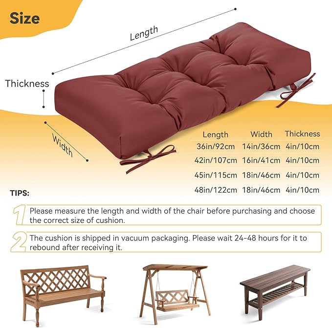 ROFIELTY Outdoor Bench Cushion, Waterproof/Sun-Proof Fabric, Tufted Bench Cushion with 2 Ties, Suitable for Outdoor Garden Bench/Swing/Indoor Furniture (Burgundy, 36×14×4)
