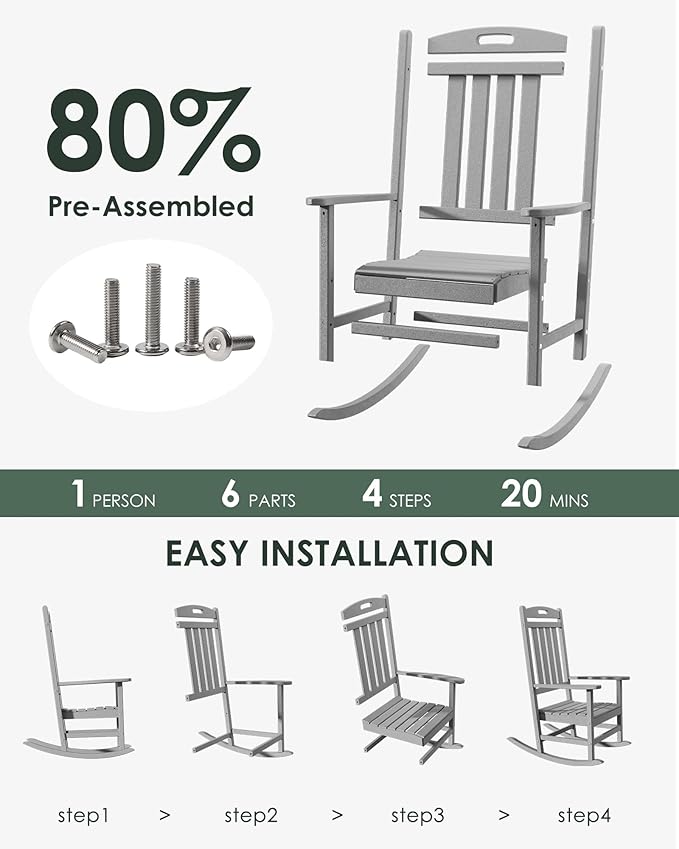 Outdoor Rocking Chair Set of 2, High Back Plastic Patio Rocking Chairs for Outside Porch Rocker Garden Lawn, All-Weather Resistant Poly Lumber Rocker Chair Outdoor, Slate Grey
