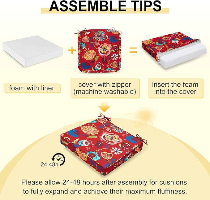 downluxe Outdoor Chair Cushions Set of 4, Waterproof 19" x 19" x 3" Patio Chair Cushion with Non-Slip Ties & Handle, Square Outdoor Cushion for Patio Furniture with Removable Cover, Sonia Scarlet