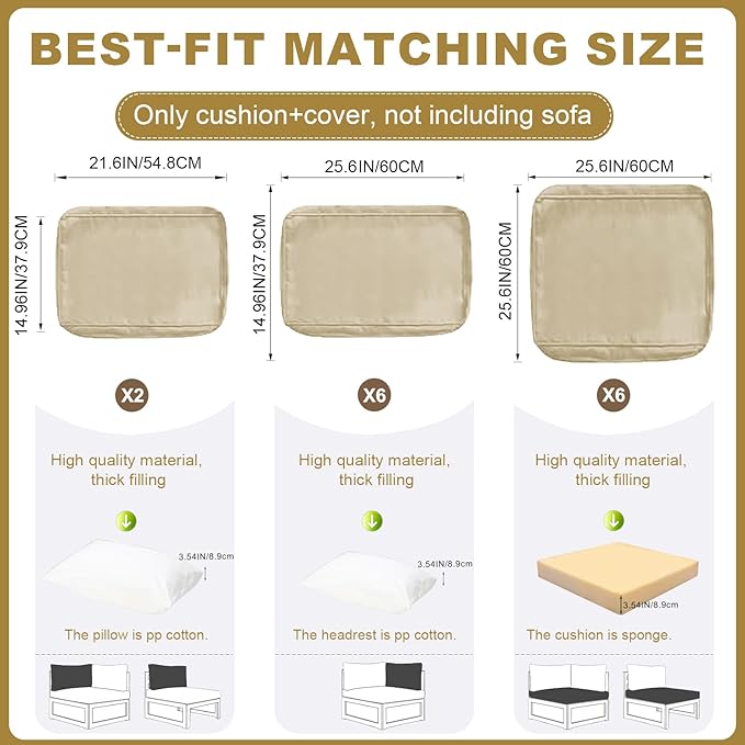 Patio Sectional Cushions, 14-Piece Replacement Cushions for Outdoor Furniture, Water-Resistant Outdoor Sofa Cushion for 6-Seat Rattan Wicker Sectional Conversation Sets (Khaki111)