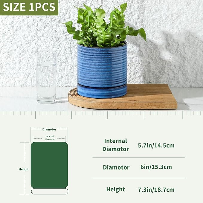 HASENSE Ceramic Plant Pots Indoor Outdoor, 6 Inch Pot for Plants with Drainage Hole and Saucer, Reactive Glaze Blue Modern Planter for Housewarming